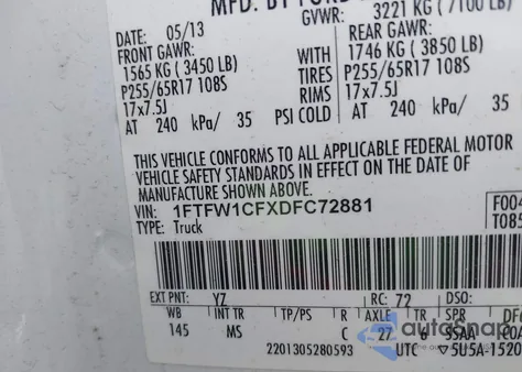 2013 Ford F-150 Xlt z USA, uszkodzony, nr VIN 1FTFW1CFXDFC72881